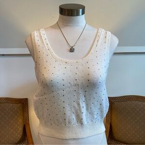St. John White Knit Tank Top with Gold Studded Accents, Size S/M